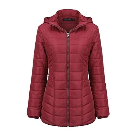 YUNCLOS donna piumino con cappuccio caldo mid-long giacca leggera manica lunga giacca con cerniera maniche lunghe invernali, rosso, s