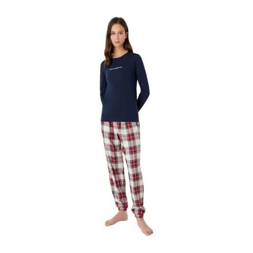 Emporio Armani pajamas tartan christmas viscose set pajama, check cream/marine/ruby, xs (pacco da 2) donna