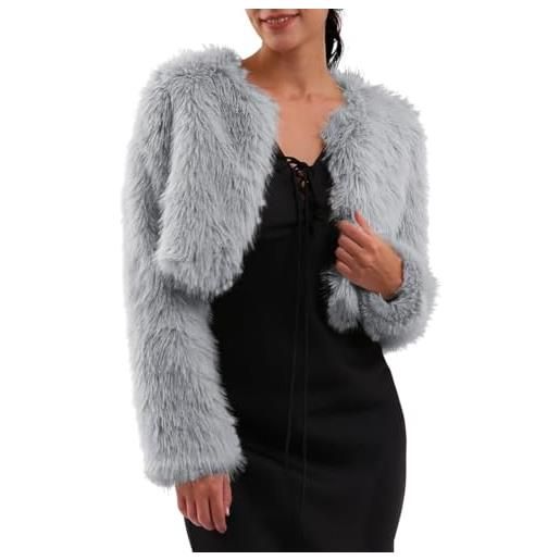 Amazhiyu cappotto da donna in finta pelliccia, giacca invernale a maniche lunghe, girocollo, aperto sul davanti, caldo cardigan in peluche, nero , s