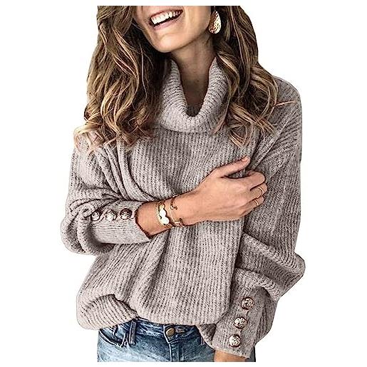 Wenrine maglione da donna a collo alto, invernale, a maniche lunghe, casual, caldo, lavorato a maglia con bottoni in metallo, grigio. , m