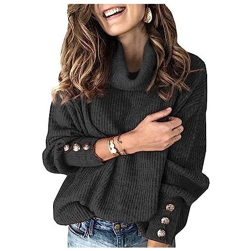 Wenrine maglione da donna a collo alto, invernale, a maniche lunghe, casual, caldo, lavorato a maglia con bottoni in metallo, nero , xxl