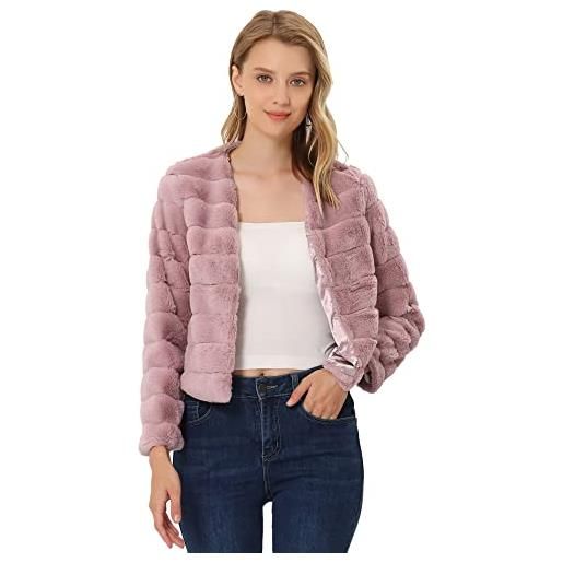 Allegra K giacca corta invernale calda da donna senza collo in pelliccia sintetica cappotto soffice, rosa polvere, m