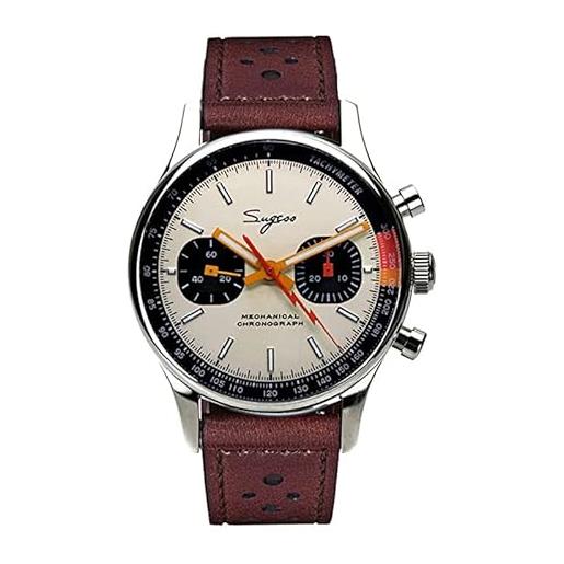 Seestern sugess cronografo meccanico acciaio pelle marrone crema vintage orologio uomo