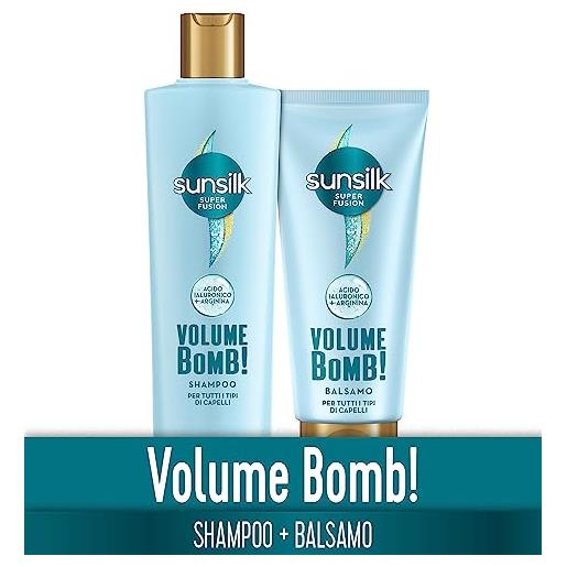 Sunsilk set Sunsilk shampoo 220ml e balsamo 180ml volume bomb, dona volume e capelli lucenti, formula super fusion con un mix di acido ialuronico nutriente e arginina