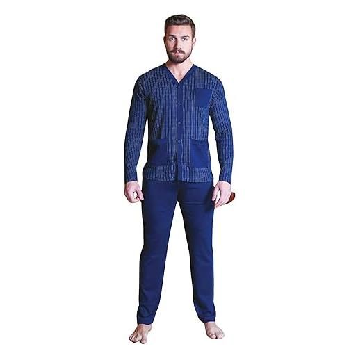 Leo Corsetteria pigiama lungo uomo 100% caldo cotone invernale aperto con bottoni tre tasche taglia xl colore blu