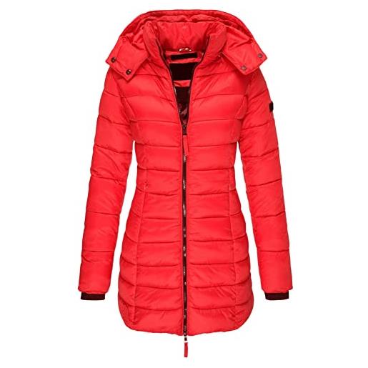 GUOCU giacca trapuntata mezza stagione da donna giubbino con cappuccio cerniera imbottito invernale calda giacca cappotto lunga in cotone, rosso, 3xl