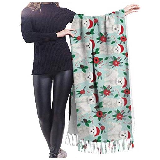 ReesEt simpatici cani natalizi sciarpa con frange da donna maltese grandi scialli morbidi in cashmere avvolgenti stola leggera 196x68 cm