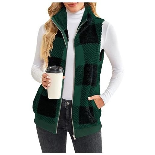ORANDESIGNE gilet donna elegante corto scozzese pile senza maniche giacca pelliccia sintetica peloso giubbotto smanicato giubbino peluche fluffy clado cardigan blu navy l