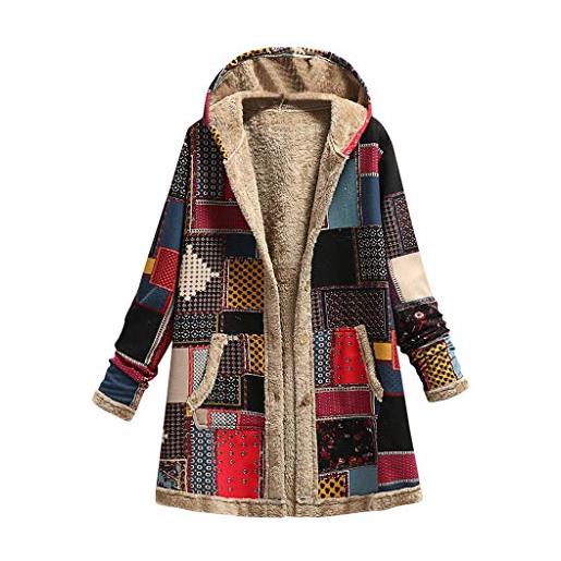 Xbemkste maglione da donna con tasche con stampa vintage cappotto invernale da donna con cappuccio, colore: rosso, l