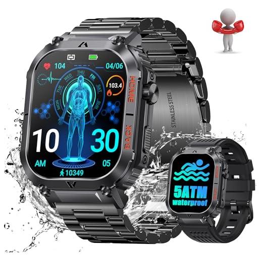 LaNikar smartwatch uomo orologio con chiamate bluetooth, 2,02 militari smart watch, 5atm impermeabile fitness watch, 110+ modalità sport, cardiofrequenzimetro, spo2, notifiche whatsapp per android ios