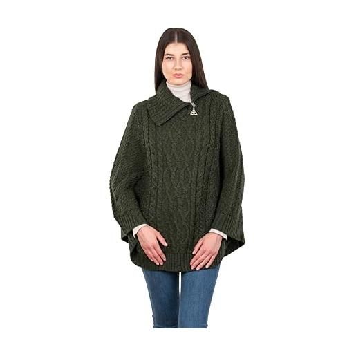 SAOL irlanda - poncho da donna in 100% lana merino, collo ad anello con cerniera, verde militare verde militare, large-x-large