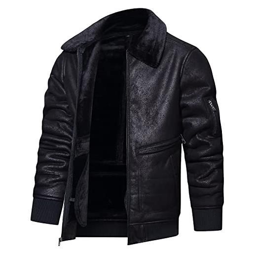 CARWORNIC giacca in ecopelle da uomo con collo di pelliccia aviator pilot giacche invernali caldo cappotto di pelliccia del motociclo, marrone, xxl