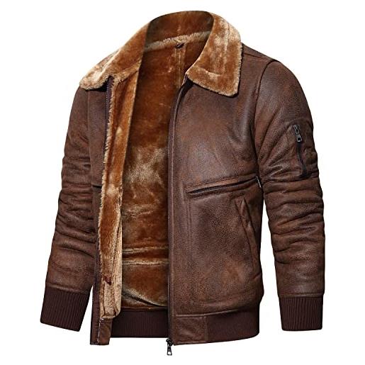 CARWORNIC giacca in ecopelle da uomo con collo di pelliccia aviator pilot giacche invernali caldo cappotto di pelliccia del motociclo, nero , xl