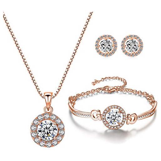 YooAi set di gioielli collana con pendente rotondo orecchini e bracciale set di gioielli con zirconi cubici per donna rotonda in oro rosa