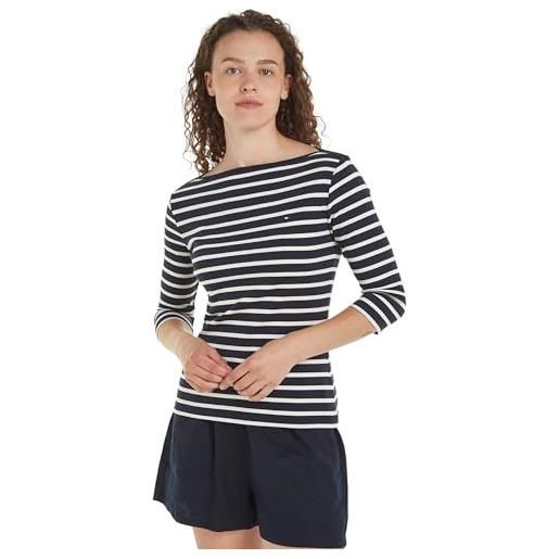 Tommy Hilfiger maglietta maniche lunghe donna slim scollo a barca, multicolore (breton desert sky/ecru), s