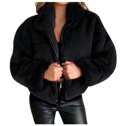 PengGengA cappotto donna in pelliccia sintetica maniche lungo giacca corto elegante caldo con cerniera - nero, xxl
