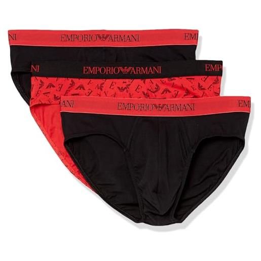 Emporio Armani men's 3-pack pure cotton brief slip boxer, black/print red/black, s (pacco da 3) uomini