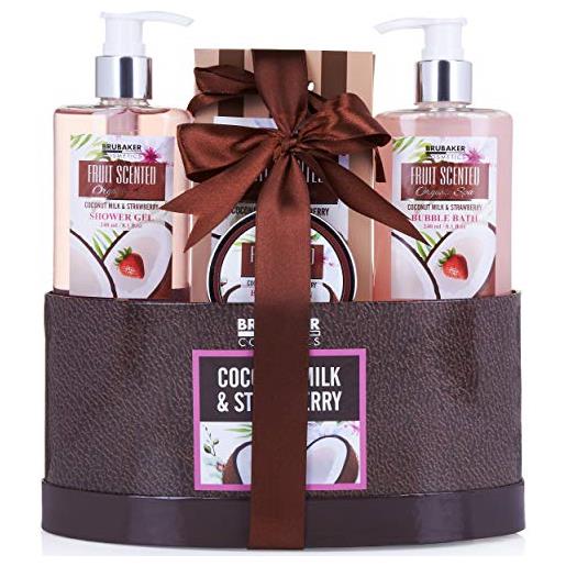 Brubaker cosmetics set beauty da bagno e doccia 'latte di cocco e fragola' - confezione regalo in 5 pezzi presentati in un cestino