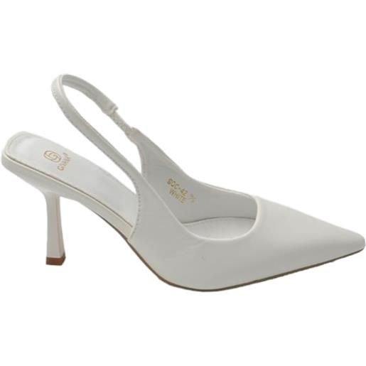 Malu Shoes scarpe decollete slingback donna elegante punta in ecopelle opaca bianca tacco 10 cm cerimonia cinturino retro tallone