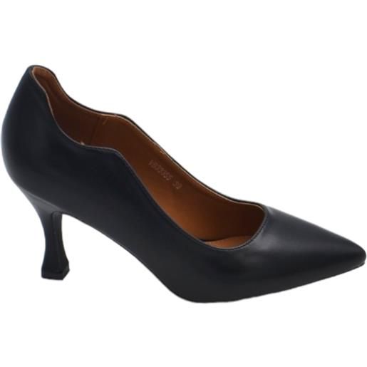 Malu Shoes decollete' scarpa donna a punta in pelle nera opaca con tacco cono 7 cm e bordo asimmetrico comoda stabile