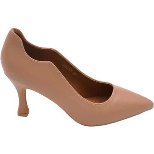 Malu Shoes decollete' scarpa donna a punta in pelle beige opaca con tacco cono 7 cm e bordo asimmetrico comoda stabile