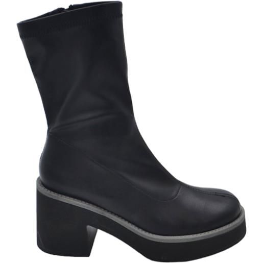 Malu Shoes tronchetti platdorm donna nero opaco a punta tonda tacco comodo doppio 5cm con plateau effetto calzino zip moda