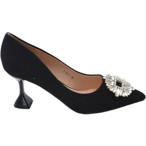 Malu Shoes decollete' donna a punta glitterato nero tacco martini 8 cm linea elegante con spilla gioiello comodo eventi