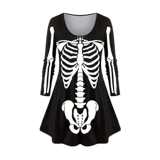FAIRY TRENDZ vestito da donna a maniche lunghe, spaventoso, per halloween, scollo rotondo, con stampa di ossa scheletriche, nero, m