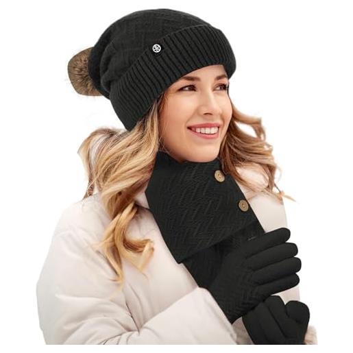 MeiLyviba cuffia, sciarpa e set di guanti per uomo e donna, comodi guanti invernali, foderati in pile, scaldacollo, sciarpa e guanti touchscreen, set, nero , taglia unica