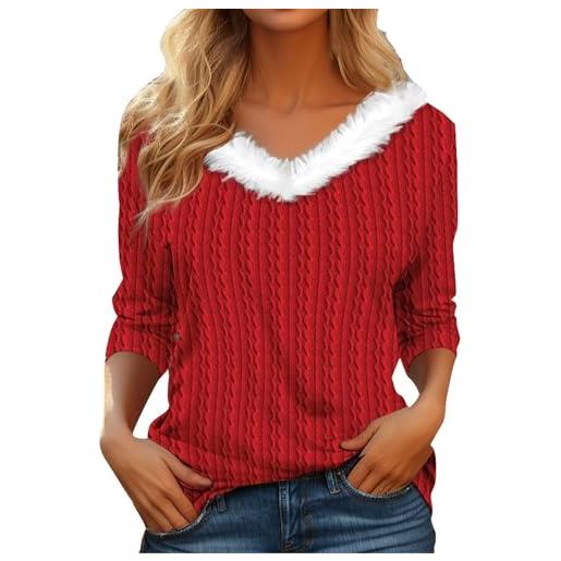 DGZTWLL camicie natalizie da donna 2023 eleganti a maniche lunghe con scollo a v in pelliccia sintetica maglione natalizio babbo natale scintillante top natalizio scintillante, a3-rosso. , m