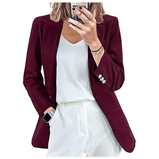 OOGUDE giacca da donna manica lunga aperta davanti giacca casual velluto a coste colletto con risvolto abbottonato lavoro cappotto ufficio, wine red, l