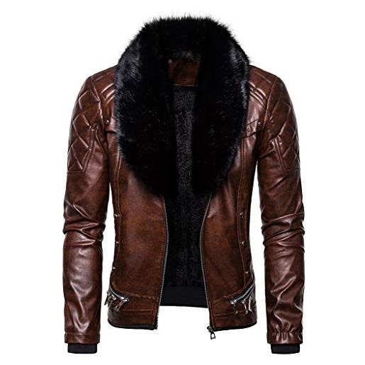 Kobilee giacca da uomo in pelle con pelliccia invernale foderata calda e spessa, giacca da aviatore, giacca bomber per le mezze stagioni, marrone, s
