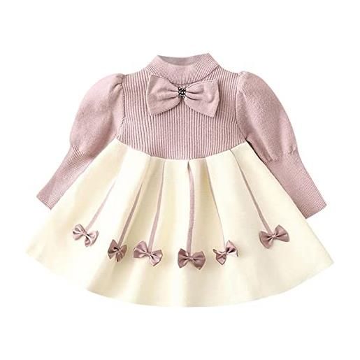 LTWOTEJNG completi per abito da principessa in maglione con fiocco in patchwork a maniche lunghe per bambina sottogonna comunione bambina