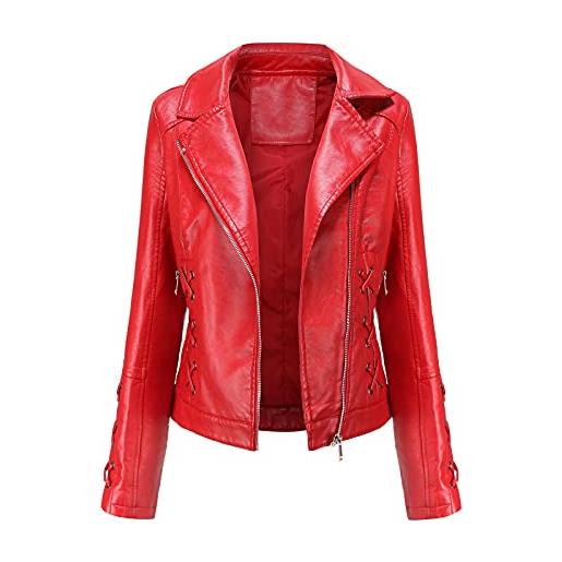 Boshivw giacca in pelle da donna, corta, colore rosso, con risvolto casual, in ecopelle, con colletto alto, antivento, da donna, per le mezze stagioni, colore: rosso, xxl