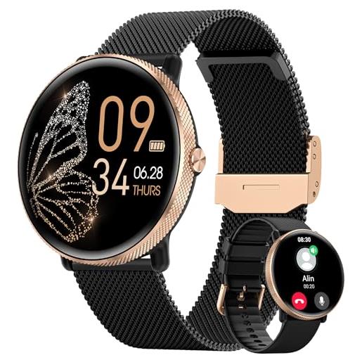 AKUMAKA smartwatch donna con chiamata, 1.39'' amoled display, orologio donna con 24/7 cardiofrequenzimetro, 120+ modalità sport, spo2, sonno, monitoraggio ciclo, ip68 notifiche ios android oro. Nero