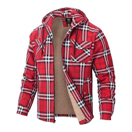 MoFiz uomo camicia di flanella a quadri giacca di cotone invernale foderata camicia da boscaiolo manica lunga con cappuccio e cinque tasche natale rosso-blu xl