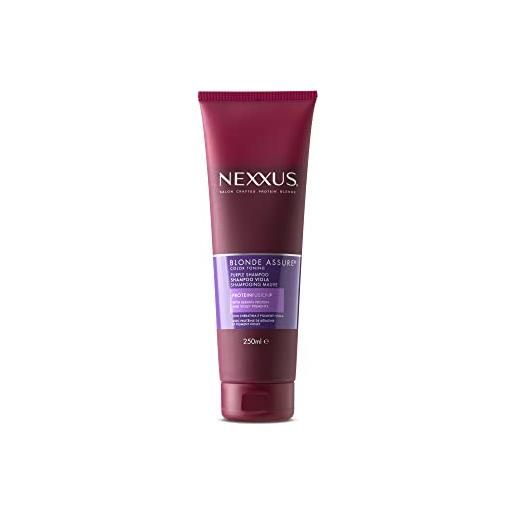 Nexxus, shampoo blonde assure, shampoo professionale per capelli biondi, decolorati, platino o grigi, formula con cheratina e pigmenti viola, shampoo antigiallo per capelli colorati, 250ml