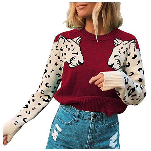 UJUNAOR maglia donna girocollo manica lunga elegante slim fit stampa leopardo casual sportiva 2019 autunno invernale s-xl(large, rosso)