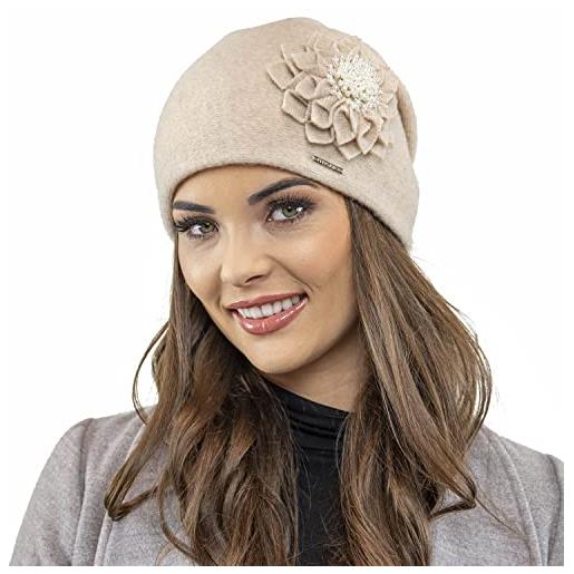 Vivisence cappello femminile elegante di lana con fiore 7052, beige, taglia unica