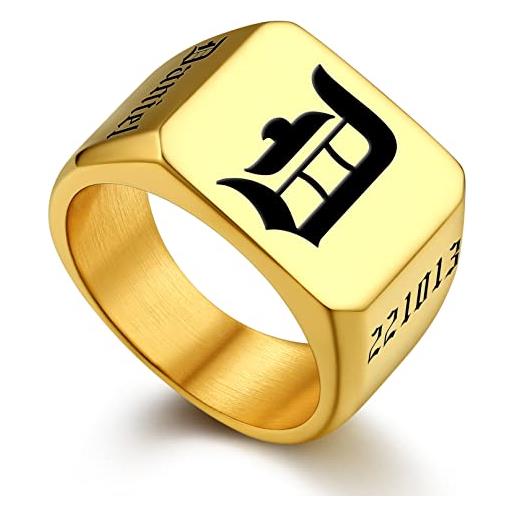Bandmax anelli incisione personalizzato, quadrato anello uomo oro 18k, 25 misura anello uomo acciaio inossidabile, anello con iniziale personalizzabile, gioielli personalizzati regalo per unisex