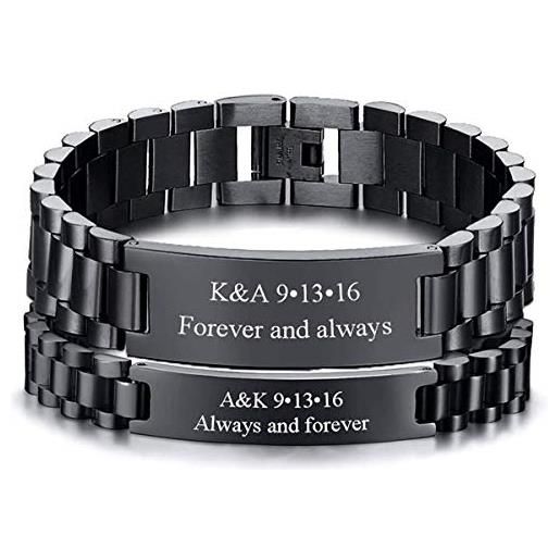 Vnox personalizza 2 pezzi coppia gioielli metallo acciaio inossidabile tag identificativo cinturino orologio regolabile nero braccialetto, regalo per anniversario, 8,3