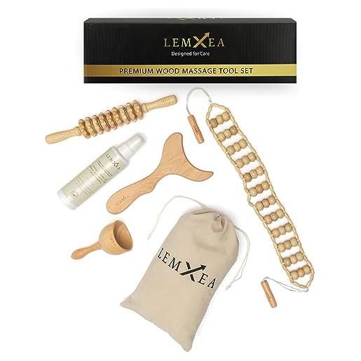 LEMXEA set di 4 utensili in legno anticellulite con crema per massaggi 200 ml contro la cellulite - legnoterapia corpo - kit per drenaggio linfatico completo di addome e gambe