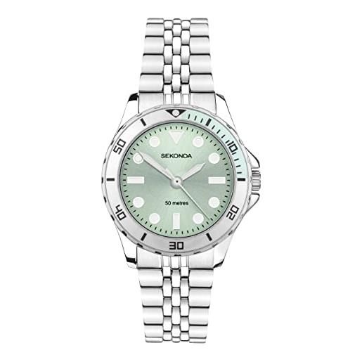 Sekonda balearic - orologio al quarzo da donna, 33 mm, con display analogico e cinturino in acciaio inox argentato, verde, bracciale