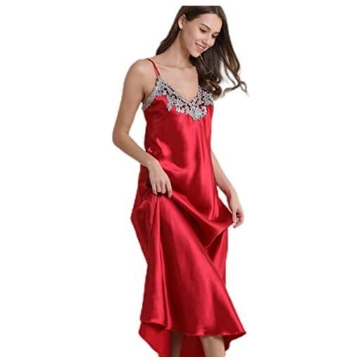 WEITING camicia da notte da donna pizzo raso pigiama lingerie lungo sottoveste pigiama-rosso, l
