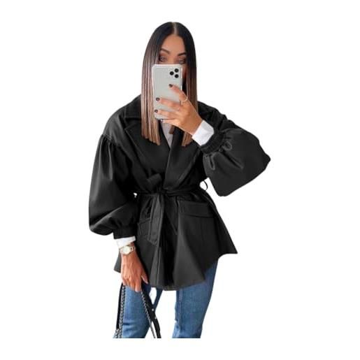Generico cappotto donna giacca cintura eco pelle morbido casual nero/taglia unica