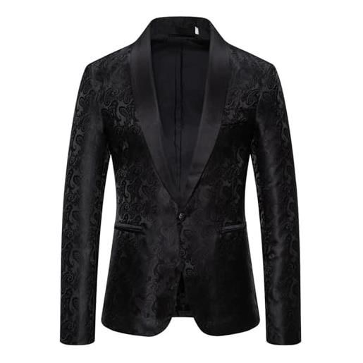 Duohropke giacca da uomo, elegante, slim fit, con paillette, con stampa, per il tempo libero, con un bottone, con brillantini, per carnevale, per matrimoni, feste, cocktail, nero , l