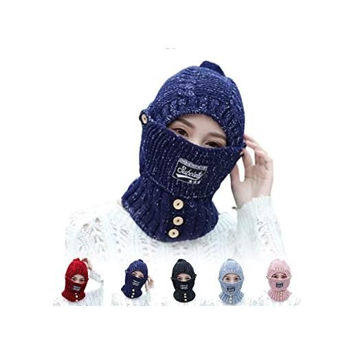 OLKO 2 in 1 mask scarf knitted hat, integrated ear protection windproof cap scarf, knitted hat scarf mask set, knitting thick warm ear guard hat (blue)