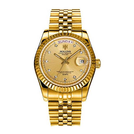 Haonb orologi da polso, orologio calendario aziendale con diamanti incrostato di diamanti, acciaio placcato oro con oro