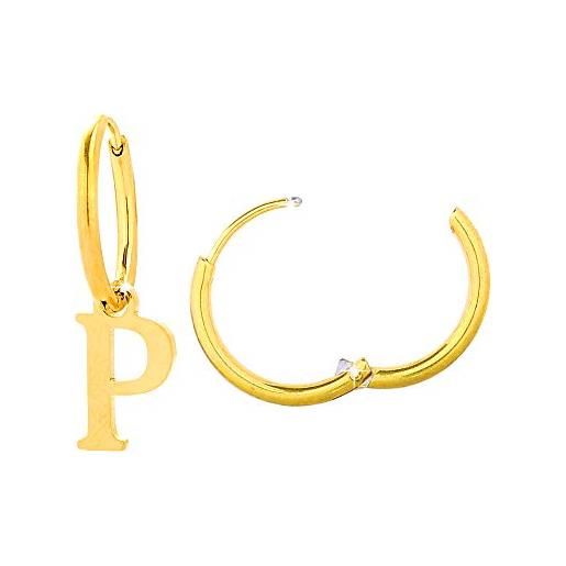 Beloved orecchini da donna a cerchio in acciaio - uno con iniziale e uno a cerchietto semplice - per lobi forati - chiusura a scatto (gold lettera p)