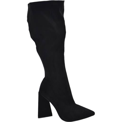 Malu Shoes stivali donna nero camoscio a punta con tacco largo asimmetrico comodo 10 cm gambale largo polpaccio comodo elastico